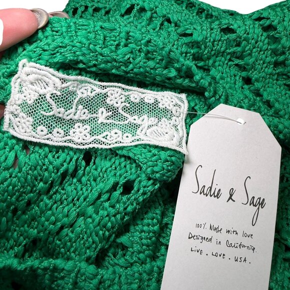 Sadie & Sage Emerald Open Knit Sweater Medium NWT Boho Crochet Pullover - Picture 6 of 7